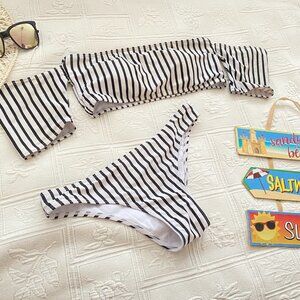 Zaful bandeau with sleeve stripe bikini sz 6